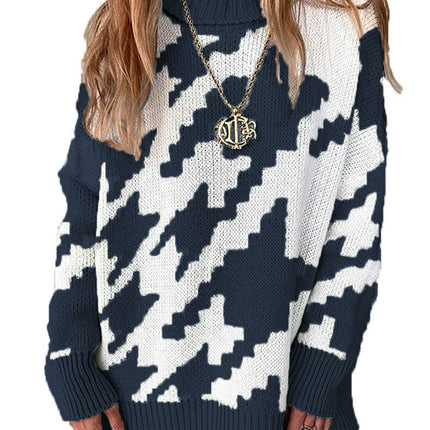 Women's Thickened Warm Sweater Contrast Color Turtleneck Long Sleeve Knitted Sweater