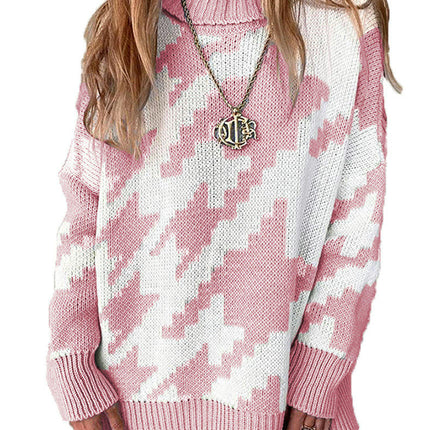 Women's Thickened Warm Sweater Contrast Color Turtleneck Long Sleeve Knitted Sweater