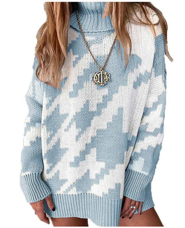 Women's Thickened Warm Sweater Contrast Color Turtleneck Long Sleeve Knitted Sweater