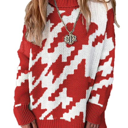 Women's Thickened Warm Sweater Contrast Color Turtleneck Long Sleeve Knitted Sweater