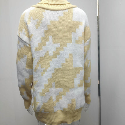 Women's Thickened Warm Sweater Contrast Color Turtleneck Long Sleeve Knitted Sweater