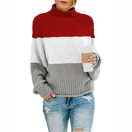Women's Striped Contrast Sweater Turtleneck Lantern Sleeve Long Sleeve Pullover