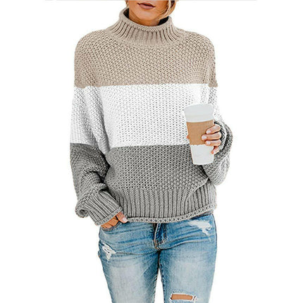 Women's Striped Contrast Sweater Turtleneck Lantern Sleeve Long Sleeve Pullover