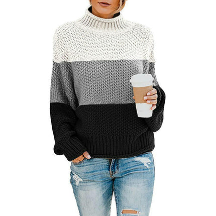Women's Striped Contrast Sweater Turtleneck Lantern Sleeve Long Sleeve Pullover
