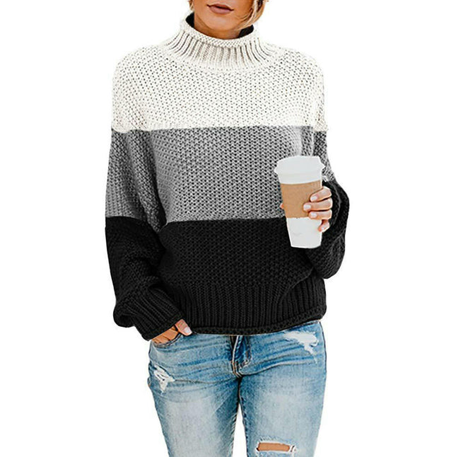 Women's Striped Contrast Sweater Turtleneck Lantern Sleeve Long Sleeve Pullover