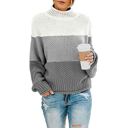 Women's Striped Contrast Sweater Turtleneck Lantern Sleeve Long Sleeve Pullover