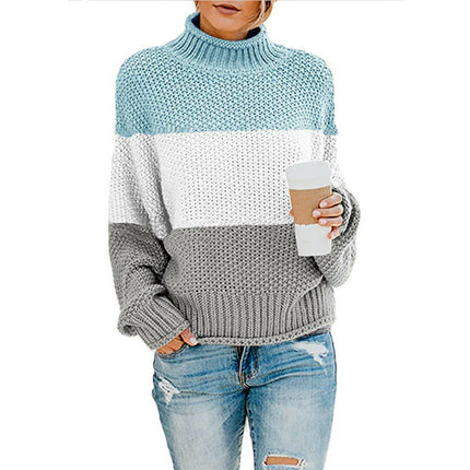 Women's Striped Contrast Sweater Turtleneck Lantern Sleeve Long Sleeve Pullover