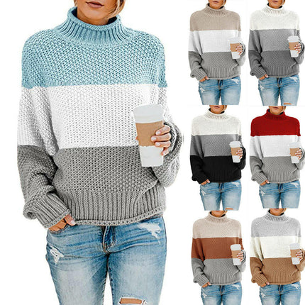 Women's Striped Contrast Sweater Turtleneck Lantern Sleeve Long Sleeve Pullover