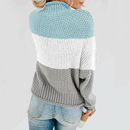 Women's Striped Contrast Sweater Turtleneck Lantern Sleeve Long Sleeve Pullover