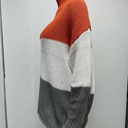 Women's Striped Contrast Sweater Turtleneck Lantern Sleeve Long Sleeve Pullover