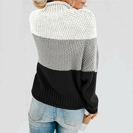 Women's Striped Contrast Sweater Turtleneck Lantern Sleeve Long Sleeve Pullover