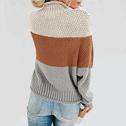 Women's Striped Contrast Sweater Turtleneck Lantern Sleeve Long Sleeve Pullover