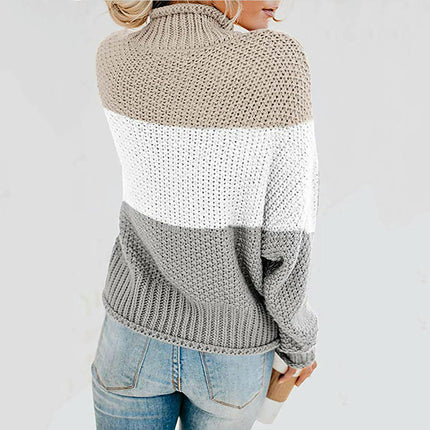 Women's Striped Contrast Sweater Turtleneck Lantern Sleeve Long Sleeve Pullover