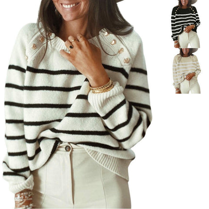 Women's Striped Pullover Sweater Long Sleeve Casual Shoulder Button Sweater Top