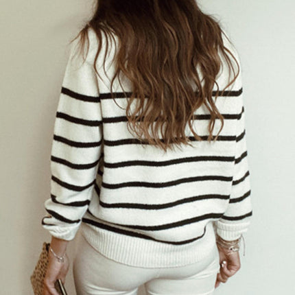 Women's Striped Pullover Sweater Long Sleeve Casual Shoulder Button Sweater Top