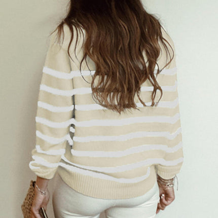Women's Striped Pullover Sweater Long Sleeve Casual Shoulder Button Sweater Top