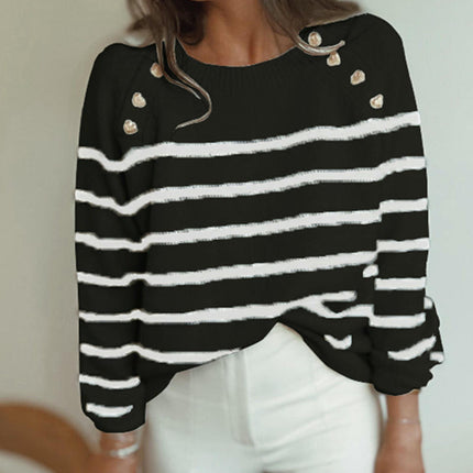 Women's Striped Pullover Sweater Long Sleeve Casual Shoulder Button Sweater Top