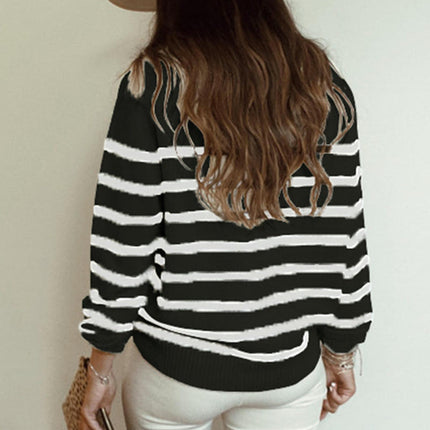 Women's Striped Pullover Sweater Long Sleeve Casual Shoulder Button Sweater Top