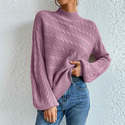 Solid Color Lantern Sleeve Women's Top Loose Round Neck Pullover Cable Sweater