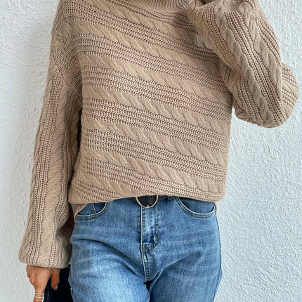 Solid Color Lantern Sleeve Women's Top Loose Round Neck Pullover Cable Sweater