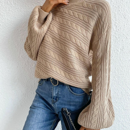 Solid Color Lantern Sleeve Women's Top Loose Round Neck Pullover Cable Sweater