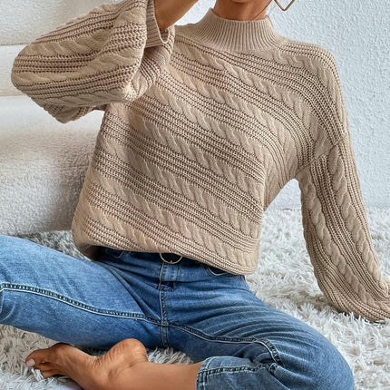 Solid Color Lantern Sleeve Women's Top Loose Round Neck Pullover Cable Sweater