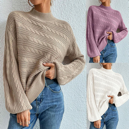Solid Color Lantern Sleeve Women's Top Loose Round Neck Pullover Cable Sweater