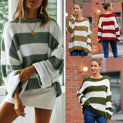 Womens Striped Bell Sleeve Pullover Sweater Loose Color Block Crew Neck Vertical Knitwear