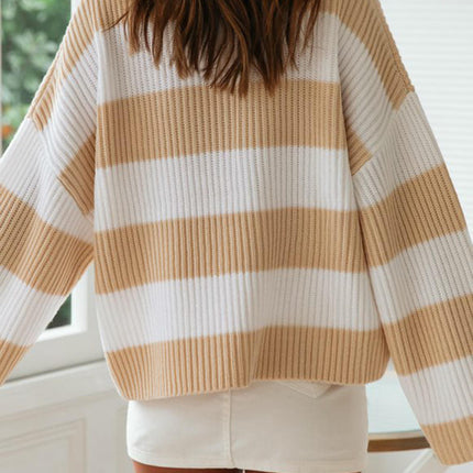 Womens Striped Bell Sleeve Pullover Sweater Loose Color Block Crew Neck Vertical Knitwear