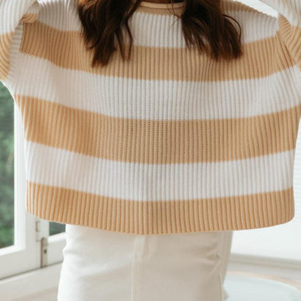 Womens Striped Bell Sleeve Pullover Sweater Loose Color Block Crew Neck Vertical Knitwear