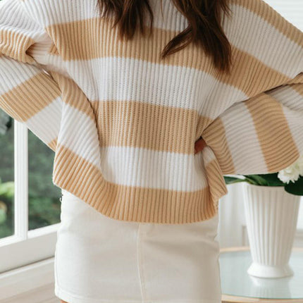 Womens Striped Bell Sleeve Pullover Sweater Loose Color Block Crew Neck Vertical Knitwear