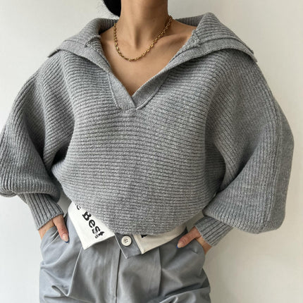 Women Overized Puff Long Sleeve V Neck Knitted lapel Pullover Sweater Jumper Tops