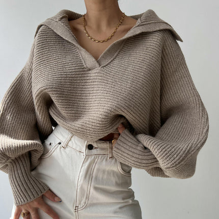 Women Overized Puff Long Sleeve V Neck Knitted lapel Pullover Sweater Jumper Tops