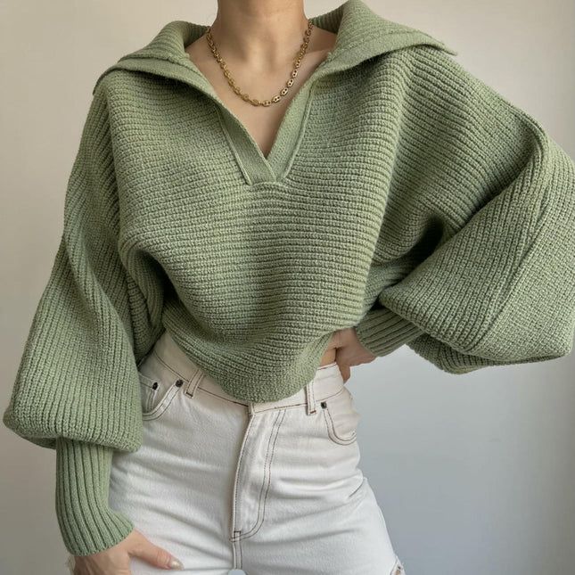 Women Overized Puff Long Sleeve V Neck Knitted lapel Pullover Sweater Jumper Tops