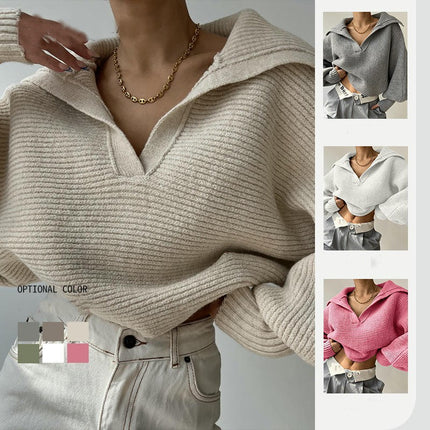 Women Overized Puff Long Sleeve V Neck Knitted lapel Pullover Sweater Jumper Tops