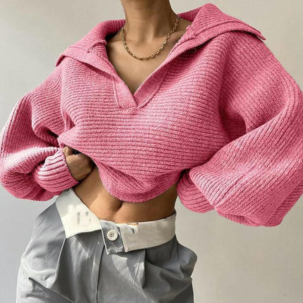 Women Overized Puff Long Sleeve V Neck Knitted lapel Pullover Sweater Jumper Tops