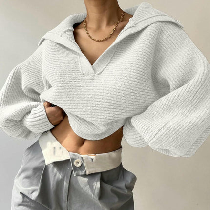 Women Overized Puff Long Sleeve V Neck Knitted lapel Pullover Sweater Jumper Tops