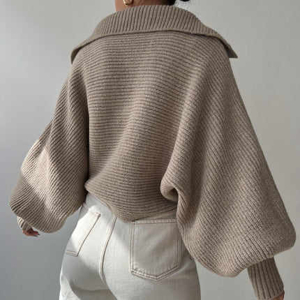 Women Overized Puff Long Sleeve V Neck Knitted lapel Pullover Sweater Jumper Tops