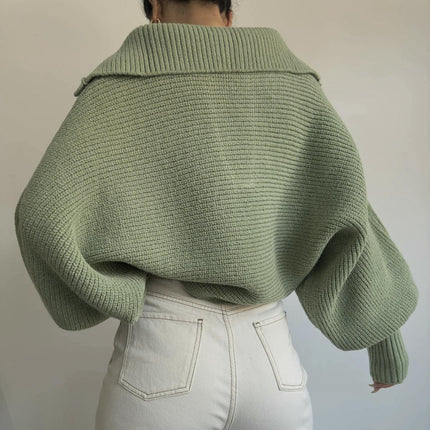 Women Overized Puff Long Sleeve V Neck Knitted lapel Pullover Sweater Jumper Tops