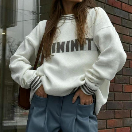 Women's Autumn Long-sleeved Letter Print Knitted Sweater Round Neck Pullover Top