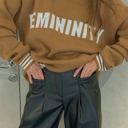 Women's Autumn Long-sleeved Letter Print Knitted Sweater Round Neck Pullover Top