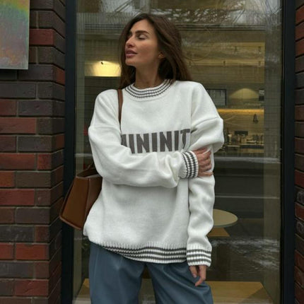 Women's Autumn Long-sleeved Letter Print Knitted Sweater Round Neck Pullover Top