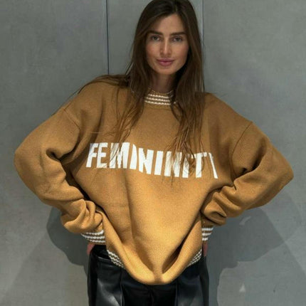 Women's Autumn Long-sleeved Letter Print Knitted Sweater Round Neck Pullover Top