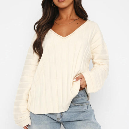 Solid Color V-neck Pullover Sweater for Women Simple Long-sleeved Top Sweater
