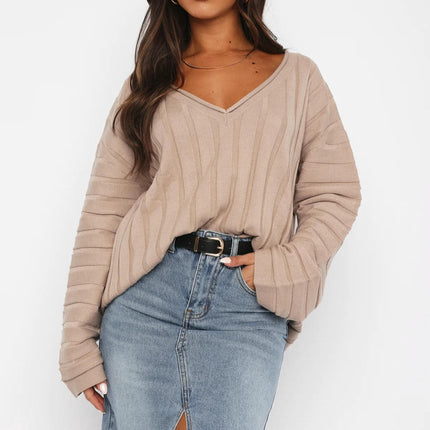 Solid Color V-neck Pullover Sweater for Women Simple Long-sleeved Top Sweater