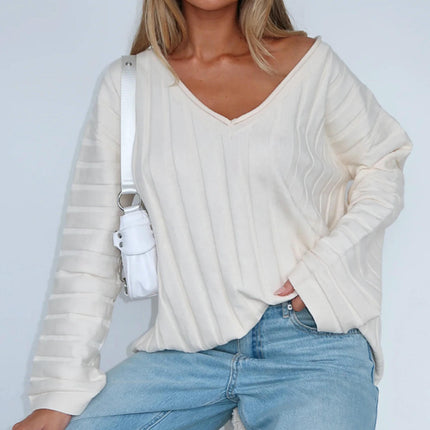 Solid Color V-neck Pullover Sweater for Women Simple Long-sleeved Top Sweater