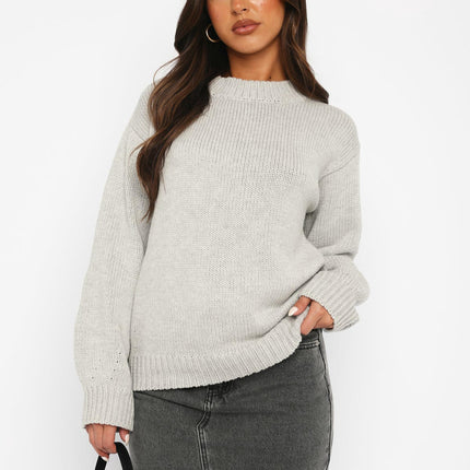 Womens Loose Pullover Knitted Sweater Long Sleeve Round Neck Solid Color Sweater