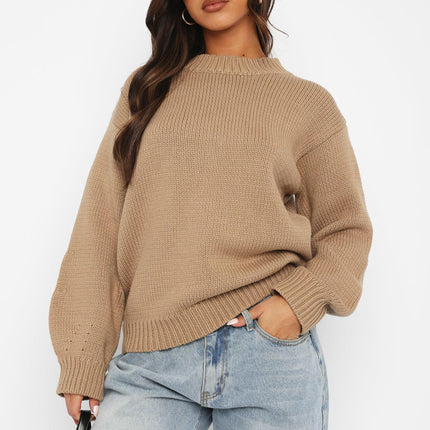 Womens Loose Pullover Knitted Sweater Long Sleeve Round Neck Solid Color Sweater
