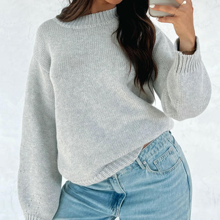 Womens Loose Pullover Knitted Sweater Long Sleeve Round Neck Solid Color Sweater