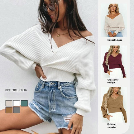 Women's Winter Solid Color Long Sleeve V-Neck Off-Shoulder Knitted Sweater
